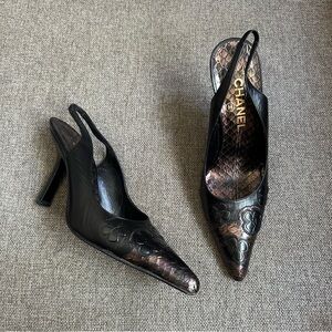 Vintage metallic python Chanel camellia slingback heels